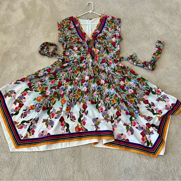 eShakti Wayward Fancies Floral Dress 16/XL V Neck Pockets Scarf Hem Cottagecore - Picture 17 of 17